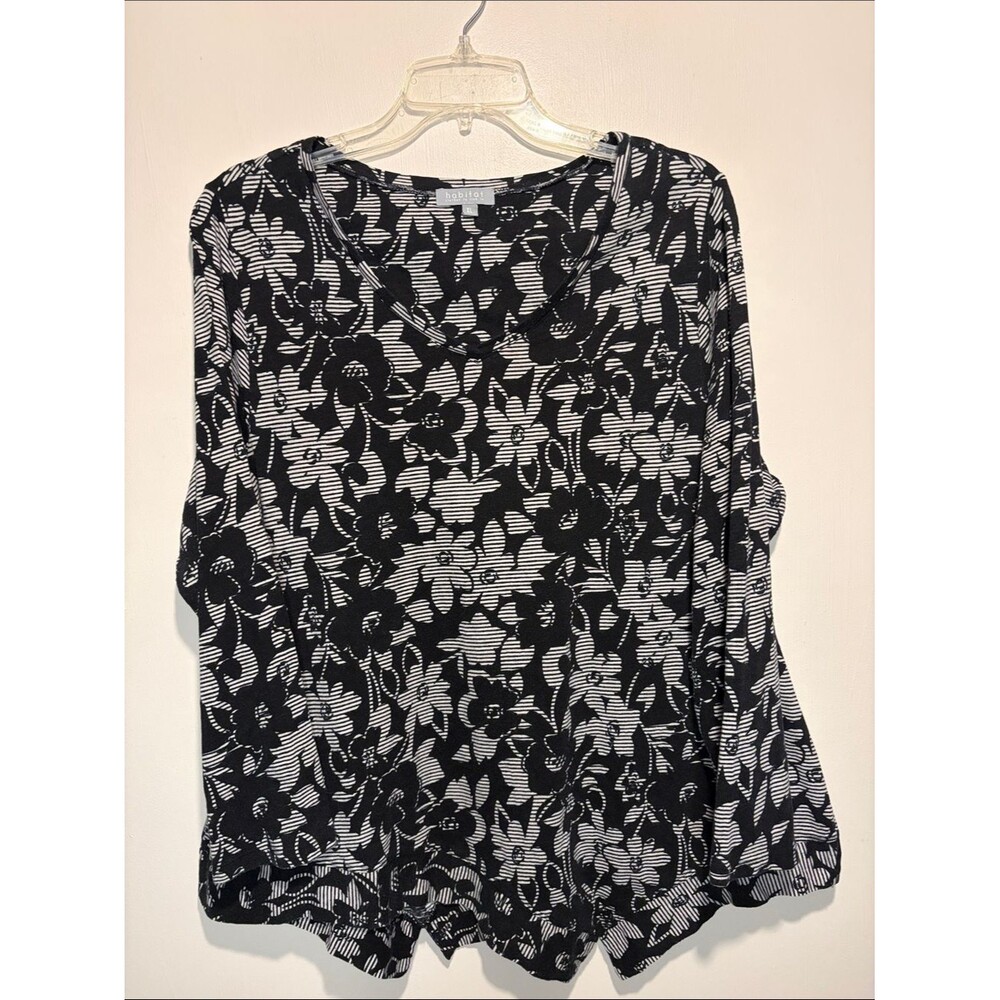 Habitat 100% Cotton Black Cream Asymmetrical Hem Floral Long Sleeve Blouse XL